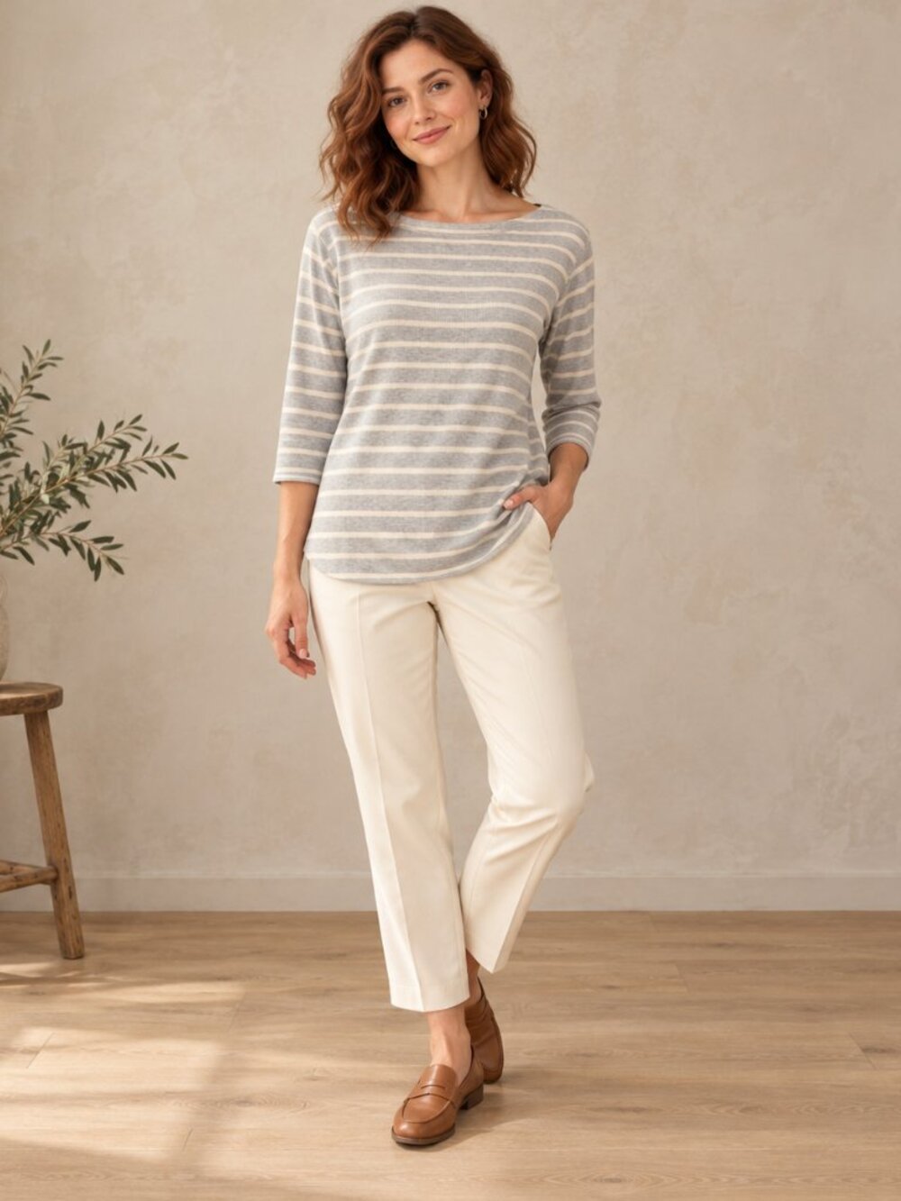 L.L. Bean Striped Boatneck 3/4 Sleeve Top - Light Gray Blue White Medium